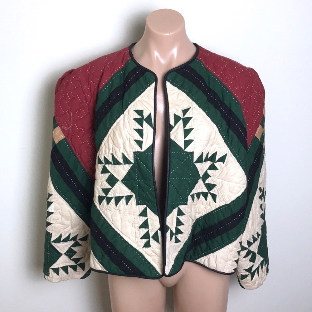 Quilted Jacket Coat Quilt Starburst Red Green Cream Cottage